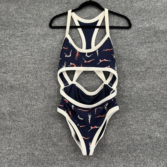 Aerie Womens One Piece Swimsuit Size L Navy All Over Swimmer Print Racerback - Picture 1 of 8